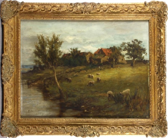 Sheep grazing by a stream by Edwin Nichol, 1882