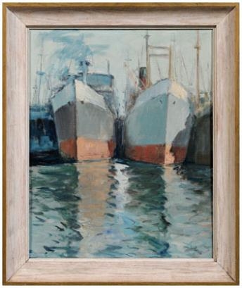 Artwork by Zivko Zic, two ships in a port, Made of oil on canvas board