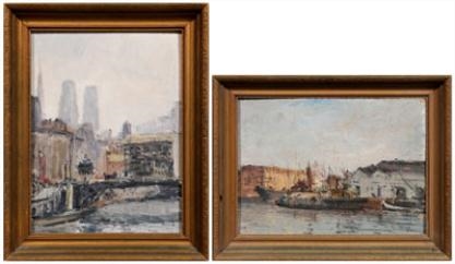 2 works: one of boats in a city harbor; ne a city scene with twin towers and bridge over a river by Zivko Zic