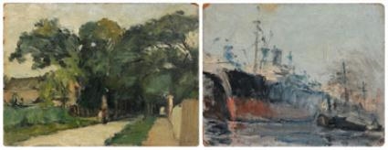 2 works: ships in harbor; two figures on a tree-lined road