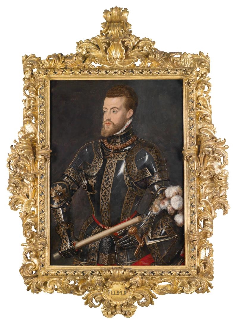 Artwork by Spanish School, 16th Century, Portrait of King Philip II of Spain in the suit of armour of the Duke of Alba, with marshall&#8217;s baton and collar of the Order of the Golden Fleece, Made of oil on panel