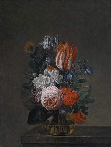 Ein Blumenbouquet in einer Glasvase by Nicolaes van Veerendael