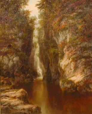A serene oil painting of a narrow gorge with a waterfall cascading down rocky cliffs into a calm pool.