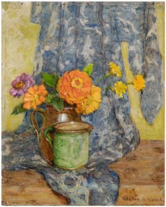 Artwork by Adeline Albright Wigand, still life with zinnias in a pitcher with green cup and blue drape, Made of oil on canvas