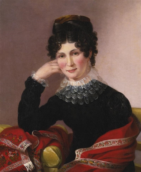 PORTRAIT OF A YOUNG WOMAN WITH A LACE COLLAR AND PAISLEY FRINGED SHAWL by Sarah Miriam Peale