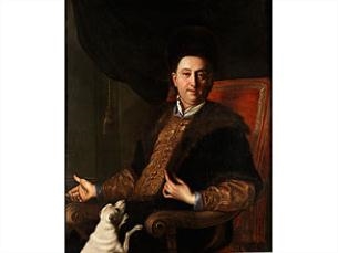 PORTRAIT OF A NOBLEMAN WITH WHITE PUPPY DOG by Salomone Adler