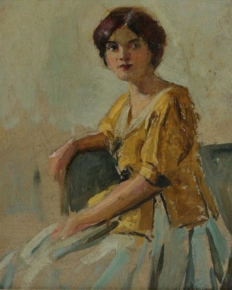 Portrait of Seated Woman in Yellow and Green Dress by Joseph W. Gies