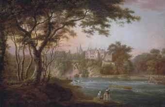 A view of Brechin Castle, Angus, seen from the southbank of the River South Esk, with the artist sketching and other figures on the banks - Alexander Nasmyth