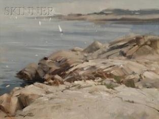 Rocky Coastal View with Sailboats by Don Stone