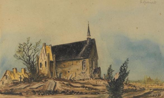 A watercolor landscape of a stone church on a hill under a cloudy sky.