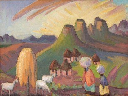Landscape with Huts, Mountains, Tree, Cows and Figures by Maggie Laubser