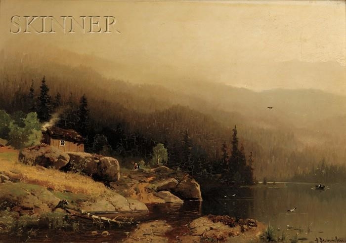 Georg Anton Rasmussen | Panoramic Lake View with Figures and Rowboat ...