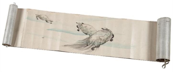 Artwork by Yokoyama Seiki, Makimono scroll of river scenes, Made of watercolour on mica-dusted paper