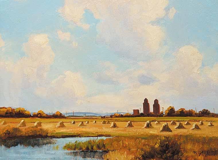 Artwork by Roland Gissing, Prairie Elevators, Made of oil on wood board