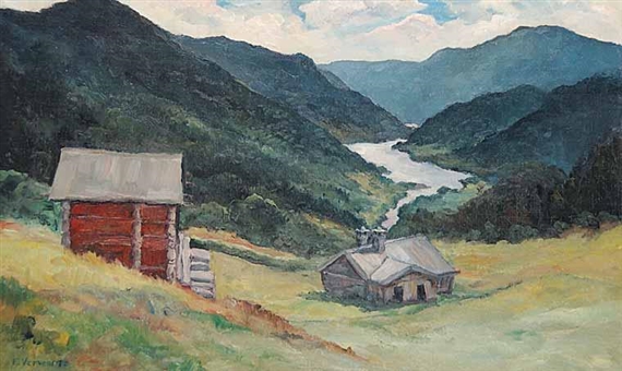 A pastoral landscape painting featuring a red wooden cabin and a distant house nestled in a green valley with a winding river.