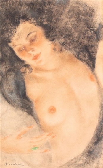A soft, pastel-toned portrait of a reclining nude figure with dark hair and a green ring.