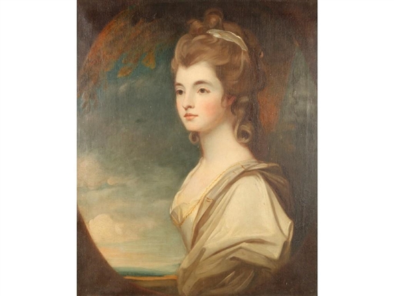 A bust-length portrait of a young lady, thought to be the Duchess-Countess of Sutherland, with her hair up tied with a ribbon, painted in an oval with a landscape beyond by George Romney