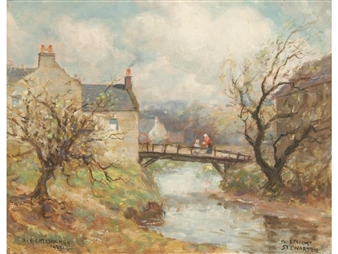 A serene impressionist landscape of a stone bridge over a river, flanked by rustic buildings and bare trees under a cloudy sky.