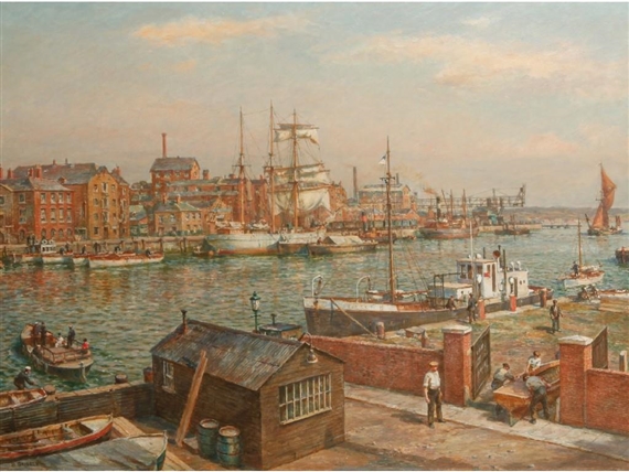 Poole Quay on a busy day with boats and figure by Bernard Finegan Gribble