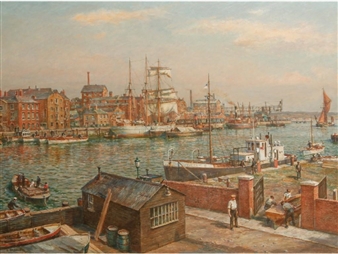 Poole Quay on a busy day with boats and figure - Bernard Finegan Gribble
