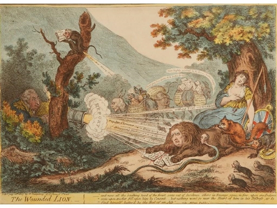 2 works: Pylades and Orestes; The Wounded Lion by James Gillray, 1798