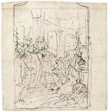 Artwork by Venetian School, 18th Century, A historical scene near a palace architecture, the study of a reclining woman in red on the reverse, Made of pen and brown ink, red chalk, on laid paper