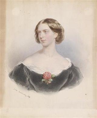 A portrait of a young woman with a rose at her decolleté by Josef Kriehuber, 1859