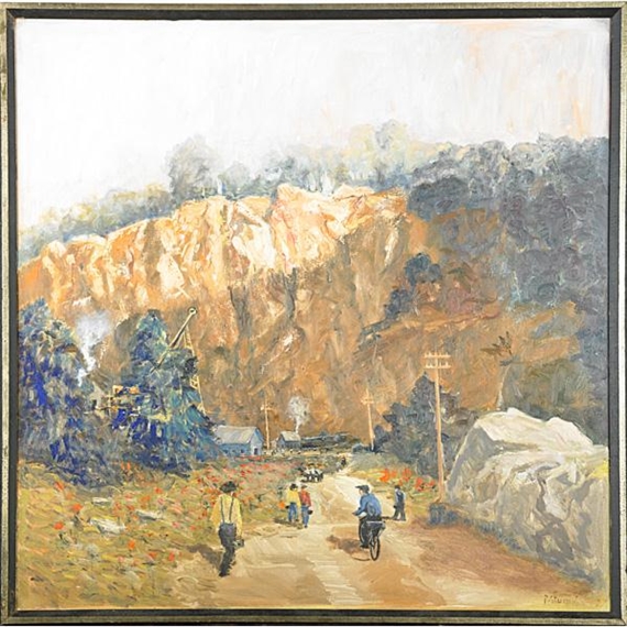 A sunlit rural scene with a dirt road winding through a valley, featuring figures and a prominent rocky cliff face.