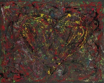 An abstract composition featuring a heart shape formed by yellow lines against a dark, textured background of red and green.