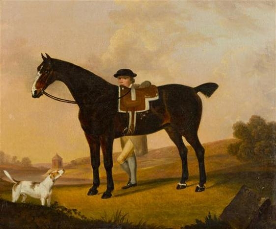 A classical painting of a mounted figure with a dog in a pastoral landscape.