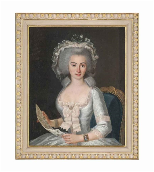 Portrait of a lady, half-length, seated in a white dress with a ribbon, holding a musical score by Michel Hubert Descours, 1785