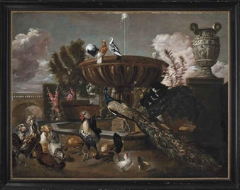 A peacock, cockerels, hens, turtle doves and other birds by a fountain in an ornamental garden - Pieter Boel