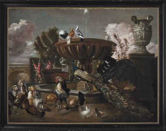 A peacock, cockerels, hens, turtle doves and other birds by a fountain in an ornamental garden by Pieter Boel