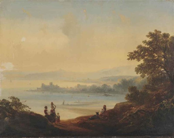 An Italianate landscape with a capriccio view of a bay of Napels by Anton Sminck Pitloo