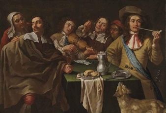 A tavern interior with soldiers merrymaking around a table - Gregorius Oosterlinck