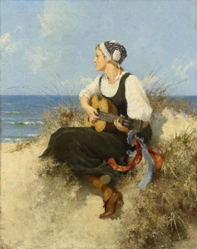 YOUNG WOMAN WITH A GUITAR ON A BEACH by Hermann Seeger
