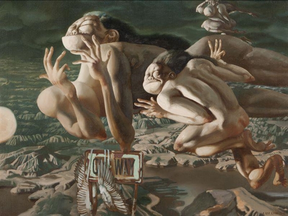 Flying Figures in a Surreal Landscape by Lui Liu, 1996