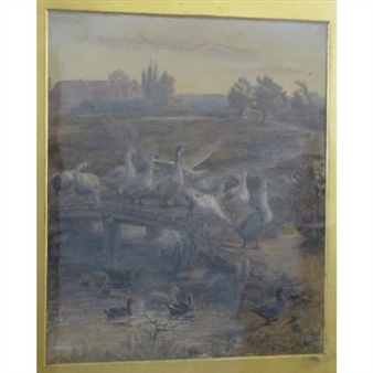 landscape with geese crossing a bridge over a stream, ducks in the water, buildings in the distance - Catherine A. Eggar