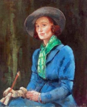 A portrait of a figure in blue holding a brush, rendered in loose watercolor.