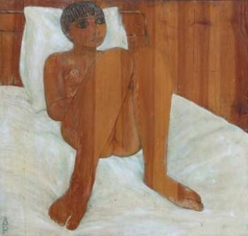 A stylized painting of a nude figure sitting in bed with a wooden headboard.