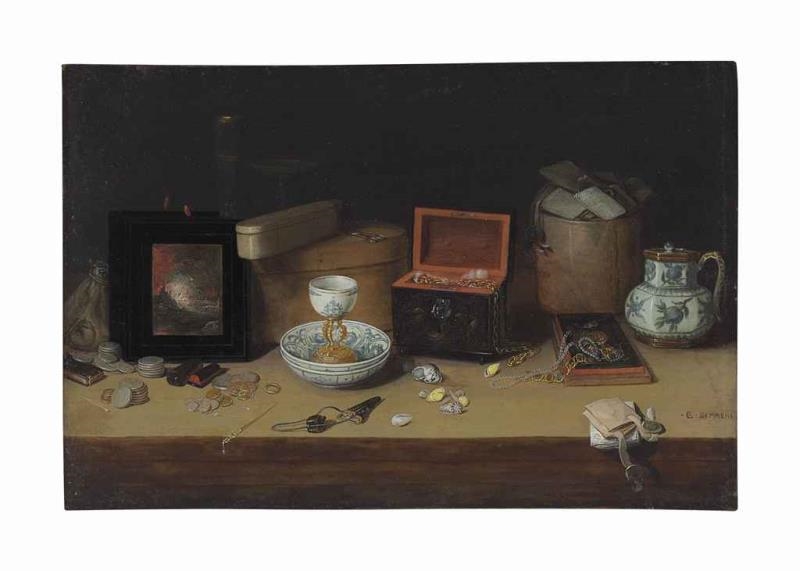 Artwork by C. A. Semmens, A landscape painting in the style of Jan Breughel I, lacquered and wooden boxes, wan-li porcelain, glassware, coins, shells and other objects on a ledge, Made of oil on copper