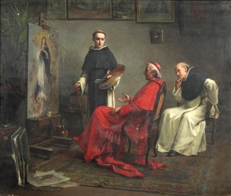 A formal studio scene depicting a portrait session with religious figures and an artist.