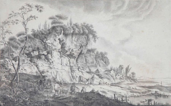 Animated landscape with shepherds near a rock by German School, 18th Century, Late 18th Century