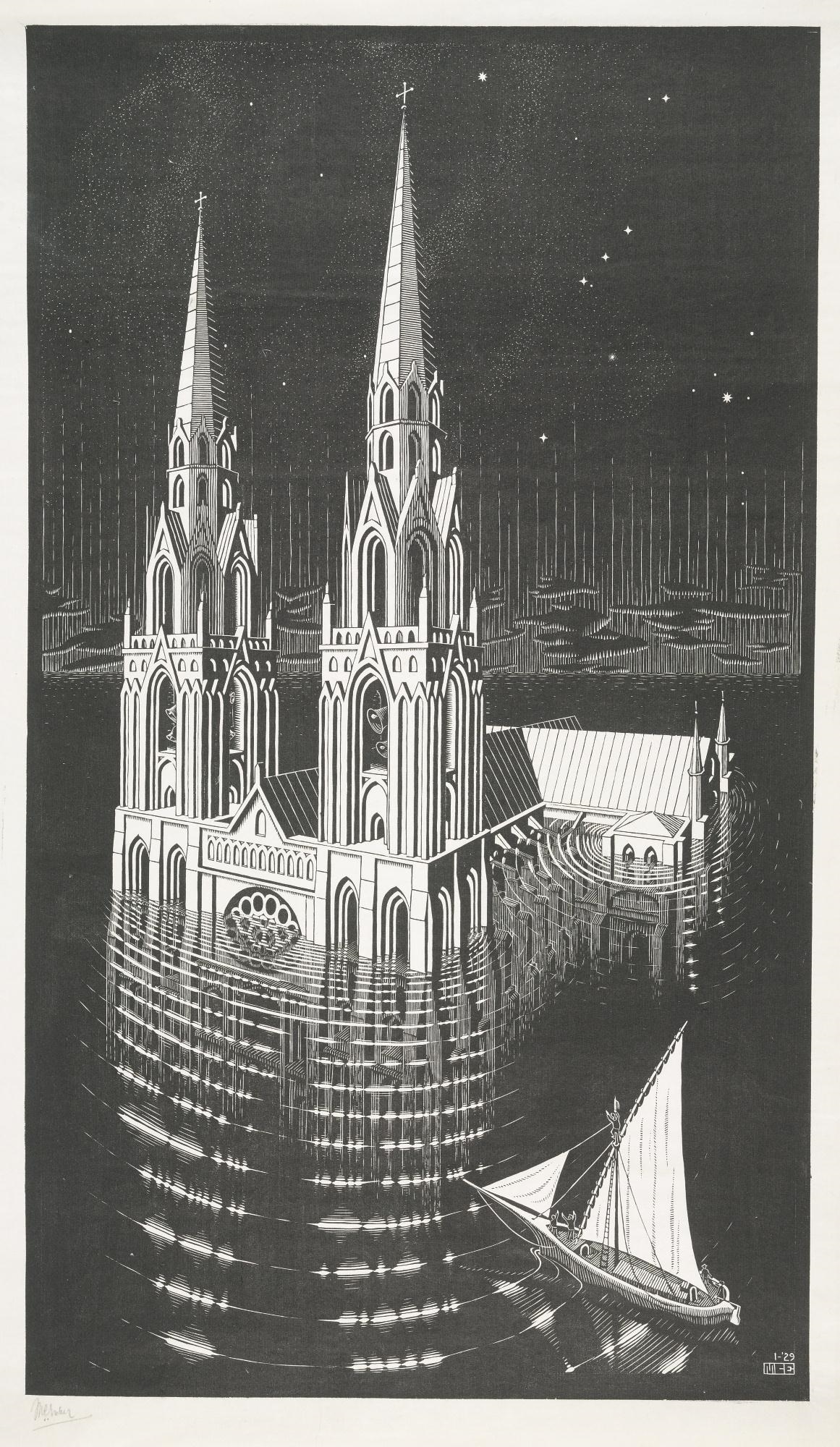 Artwork by Maurits Cornelis Escher, La Cathédrale Engloutie (The Drowned Cathredral), Made of Woodcut