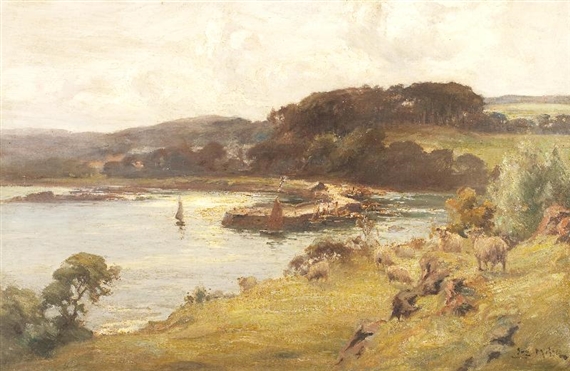 Sheep by a harbour by Joe Milne