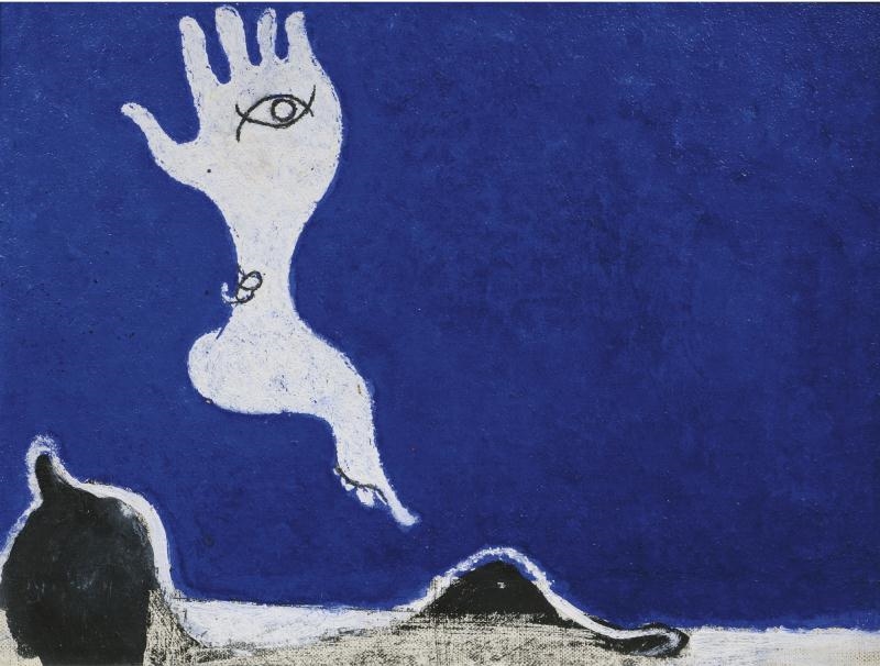 Artwork by Osvaldo Licini, AMALASSUNTA SU FONDO BLU, Made of oil on cardboard laid on canvas