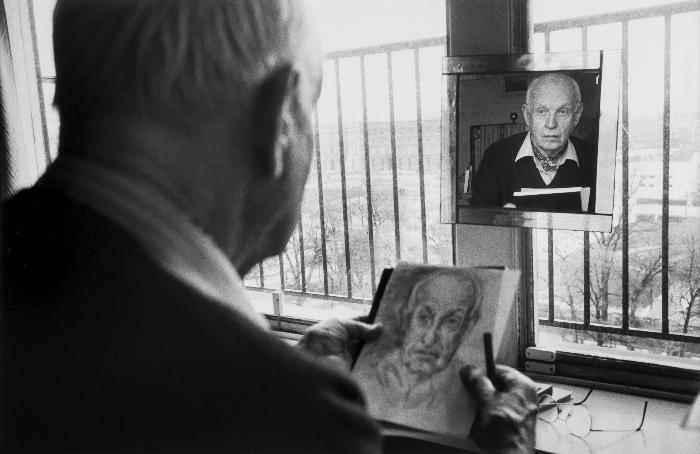 Artwork by Martine Franck, Henri Cartier-Bresson Drawing a Self-Portrait, Paris, Made of Gelatin silver print