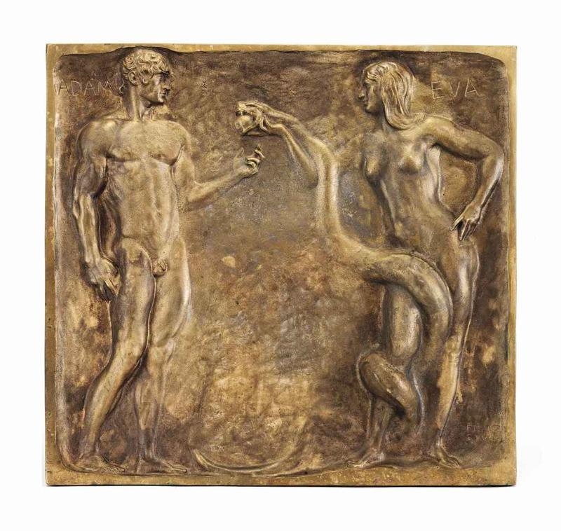 Artwork by Franz von Stuck, Adam and Eve 1892, Made of Bronze, brown patina