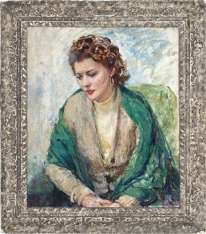 A lady in a yellow dress and green wrap - Kate Elizabeth Olver