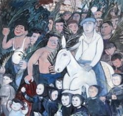 A crowded, expressive painting of a central figure on a white horse surrounded by a dense group of people.